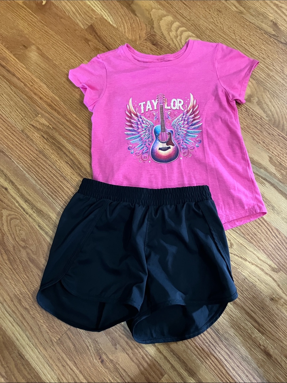 Taylor Swift Hot Pink Tee with Guitar Wings and All in Motion Black Short Sz 8